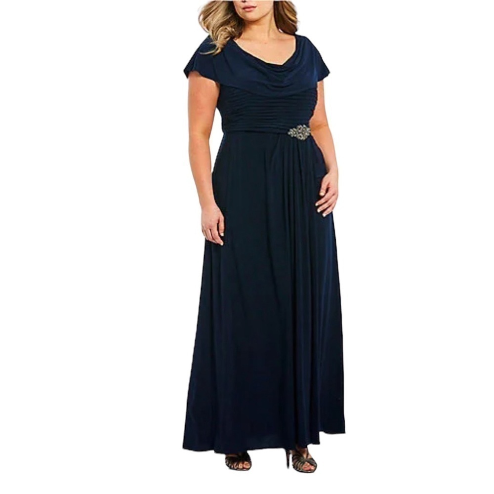 Stenay Navy Blue Draped Collar Pleated Bodice High Slit Jewel Waist Maxi Dress